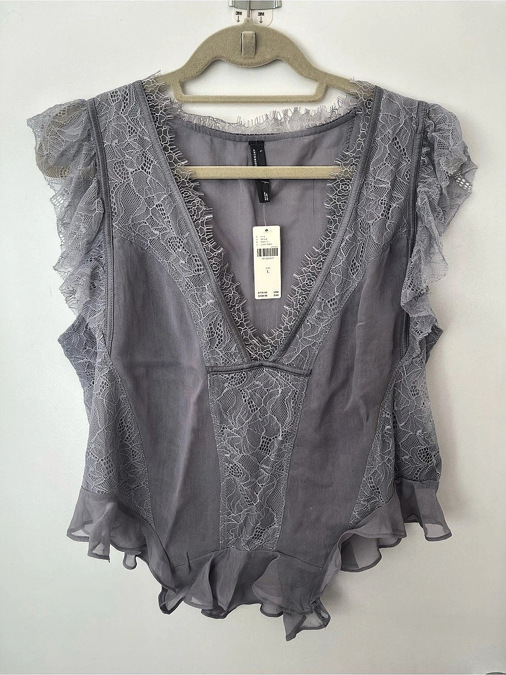 Anthropologie Lace Ruffle Blouse in Purple Size Large NWT